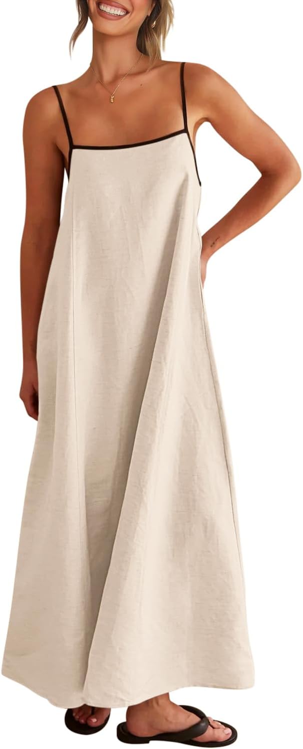 Women's contrast spaghetti strap backless casual party beach maxi dress, linen fabric.