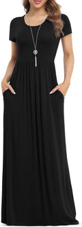 Women's short sleeve loose plain maxi dress with pockets, casual long dress.
