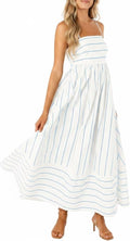 Women's striped back smocked maxi dress, spaghetti strap cut out flowy swing long dress.