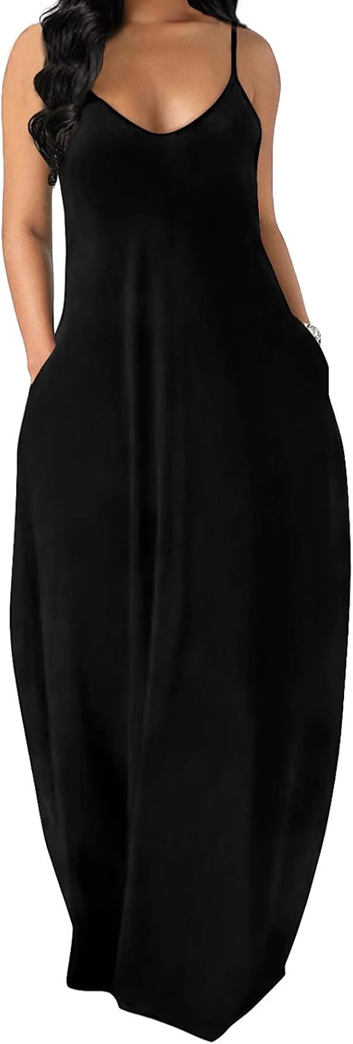 Women's spaghetti strap maxi dress with pockets for summer.