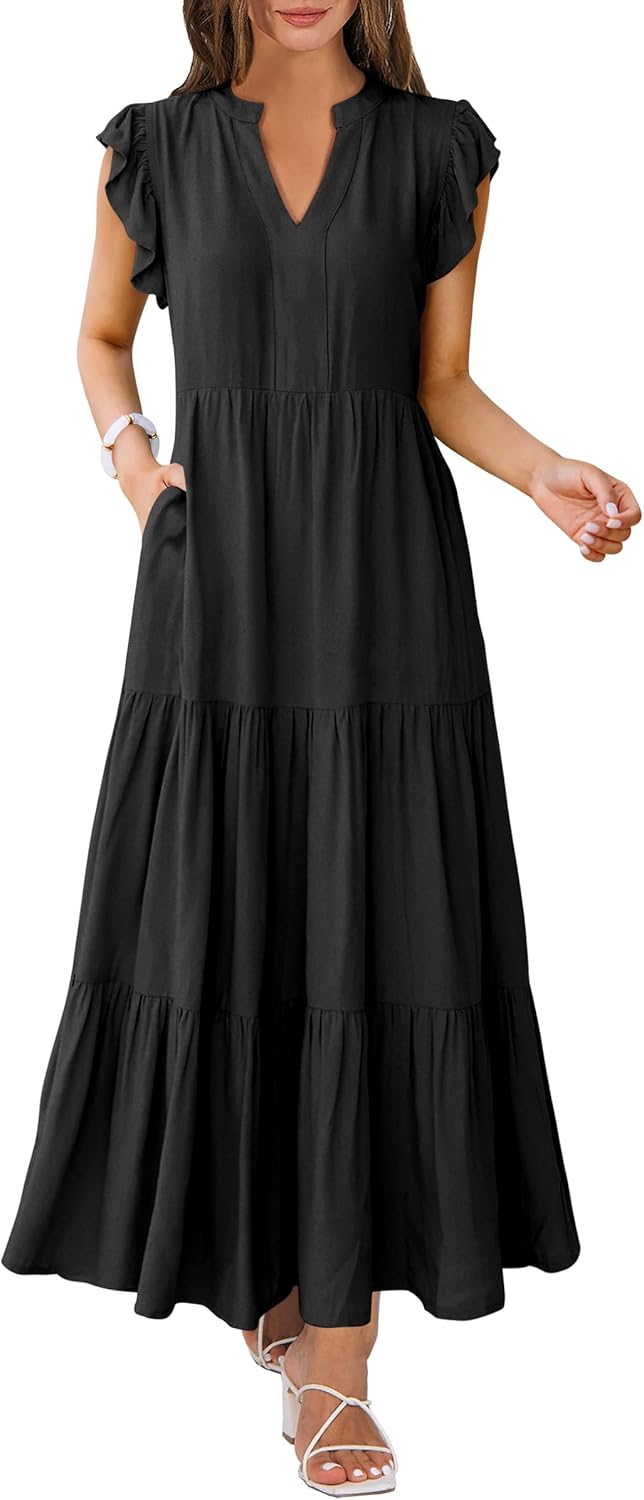 Women's V-neck ruffle sleeve flowy tiered boho beach vacation sundress, casual maxi dress.