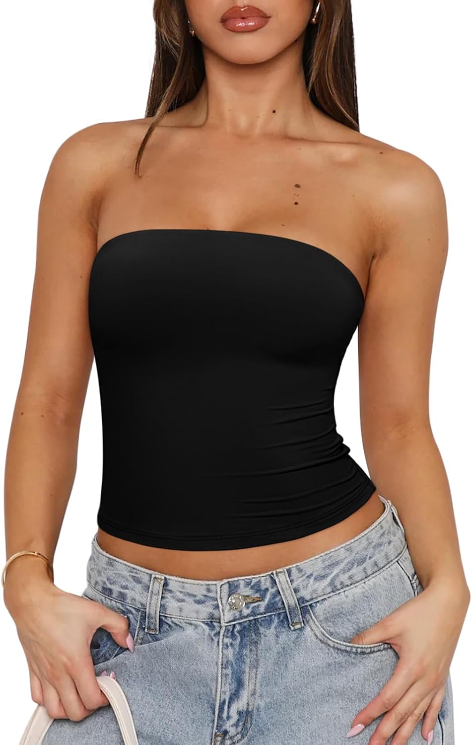 Women's strapless tube top, double lined non-slip Y2K backless crop top for summer going out.