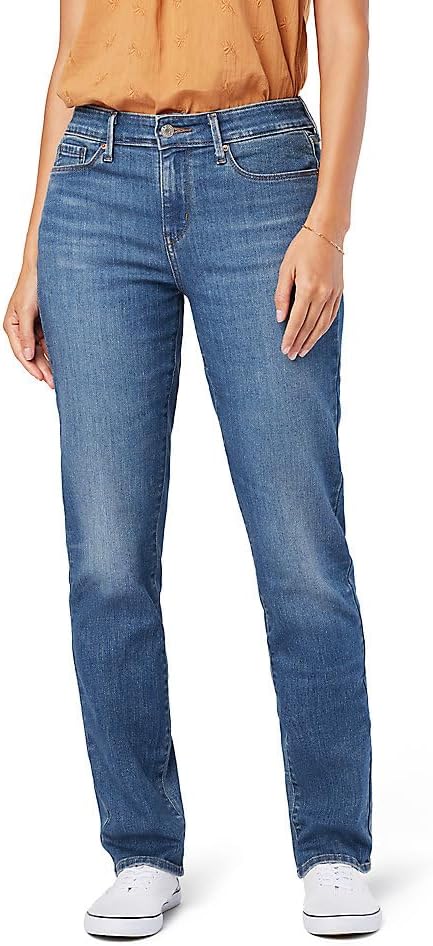 Women's mid-rise straight jeans, available in plus sizes.