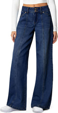 Women's high waisted stretchy straight leg seamed front loose denim pants.