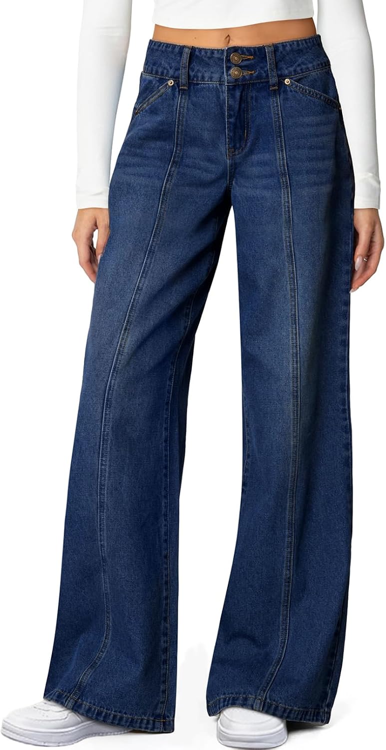 Women's high waisted stretchy straight leg seamed front loose denim pants.
