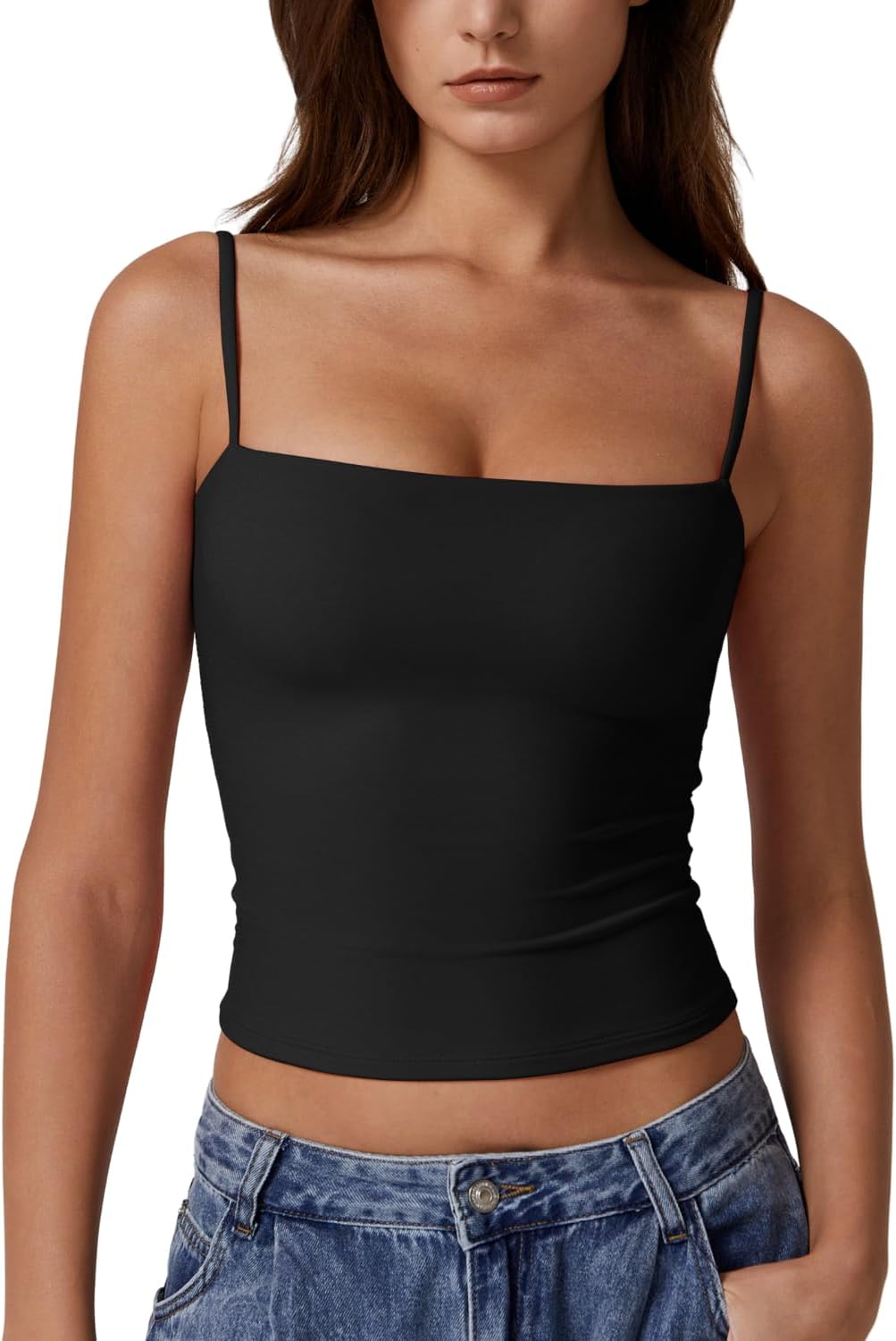 Women's double lined basic tank top with adjustable spaghetti straps, sleeveless camisole.
