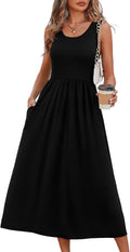 Women's flowy casual midi dress with pockets, beach vacation sundress.