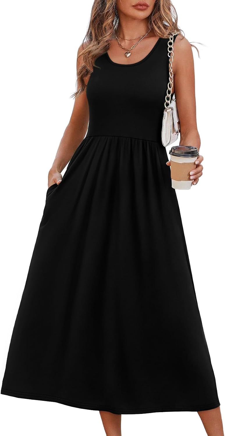 Women's flowy casual midi dress with pockets, beach vacation sundress.
