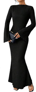 Women's solid color boho maxi dress with flare sleeves, bodycon style, for fall.