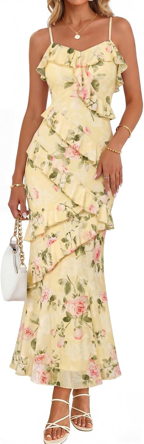 Women's spaghetti strap floral formal bodycon cocktail party long dress, for wedding guest and vacation.