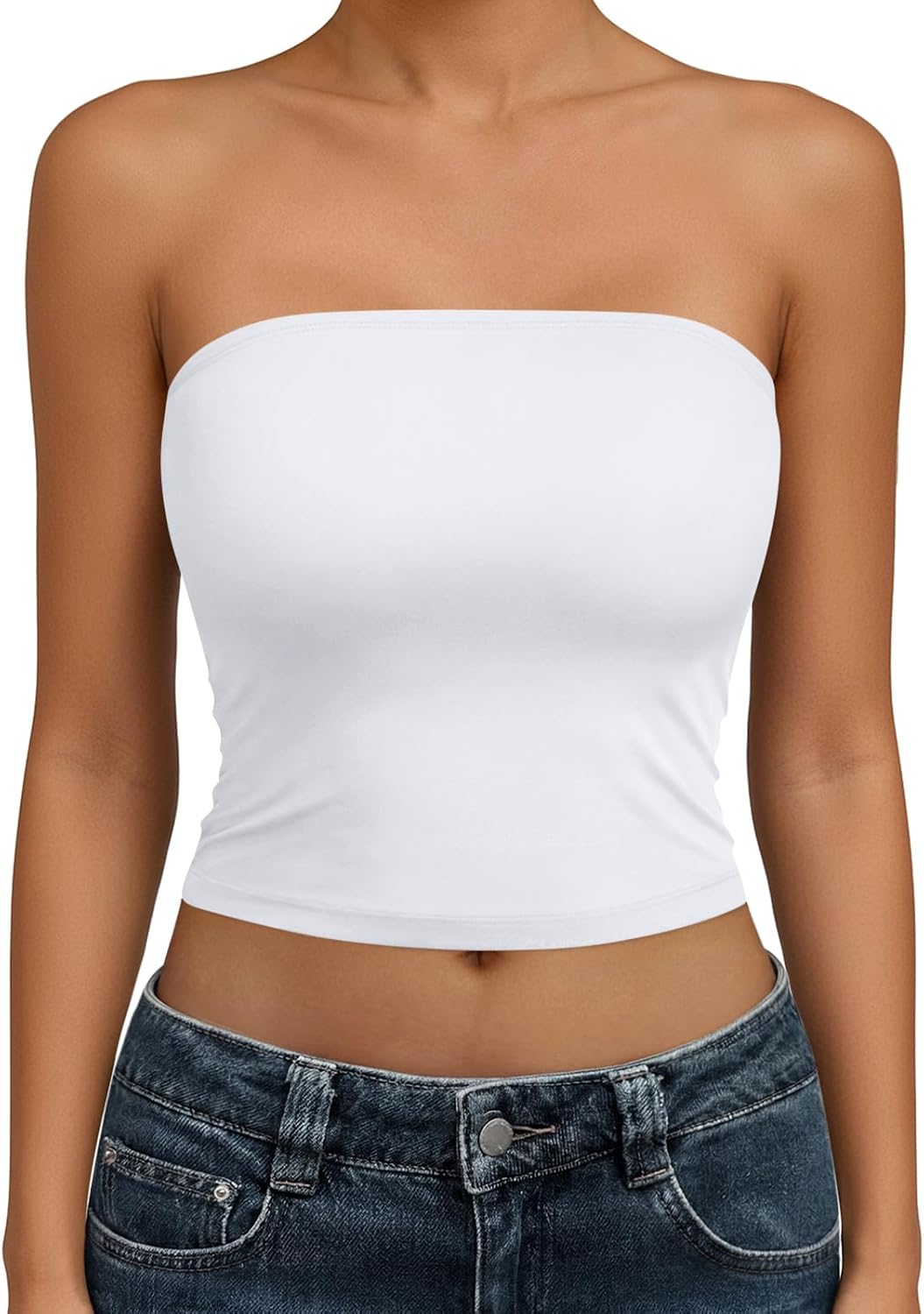 Women's strapless backless tube crop top, basic sleeveless going out spring summer outfit.