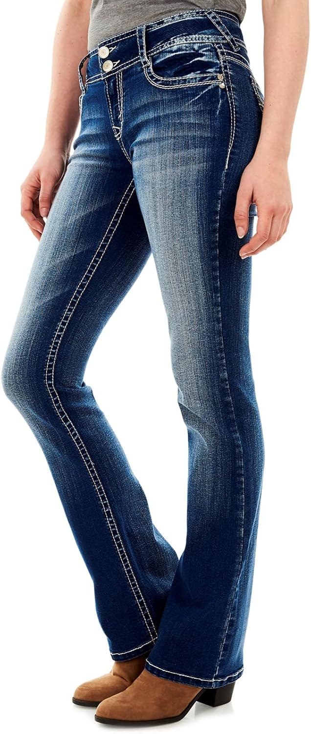 Women's mid-rise curvy bootcut jeans with insta stretch, size-inclusive juniors denim.