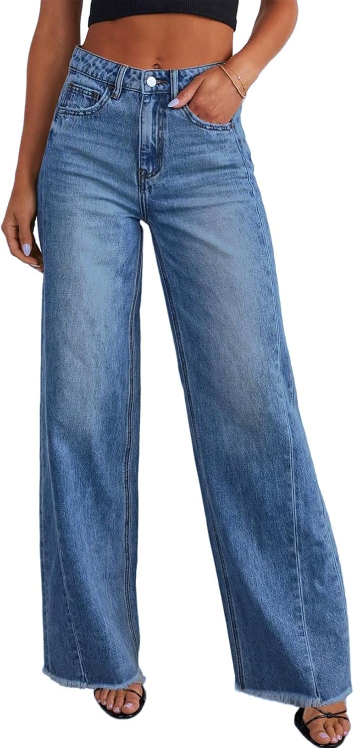Women's high waisted stretchy raw hem wide leg denim pants.