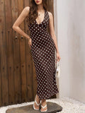 Women's polka dot mesh V-neck sleeveless bodycon maxi dress, for wedding guest and party.