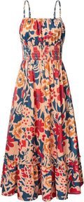 Women's smocked floral maxi dress with pockets, boho beach sundress for vacation.