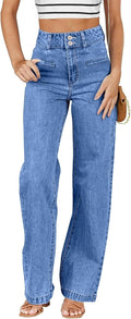 Women's high waisted straight leg stretchy loose wide leg jeans with pockets.