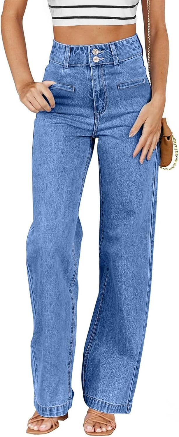 Women's high waisted straight leg stretchy loose wide leg jeans with pockets.