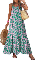 Women's spaghetti strap scoop neck smocked ruffle flowy boho maxi dress.