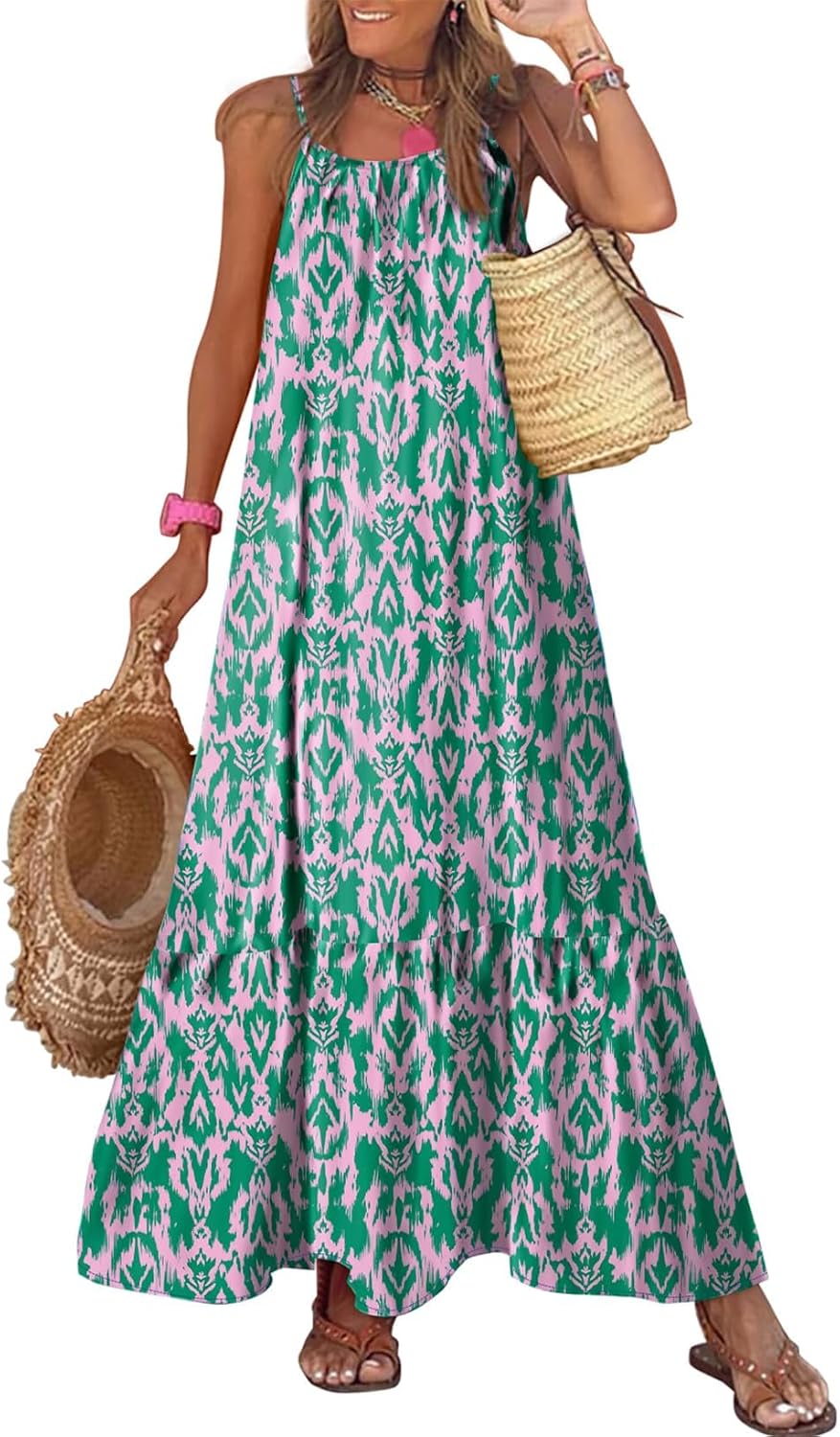 Women's spaghetti strap scoop neck smocked ruffle flowy boho maxi dress.