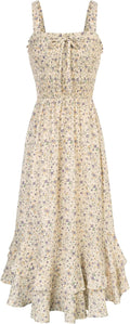Women's square neck strapped swing A-line floral boho sundress, beach long maxi outfit.