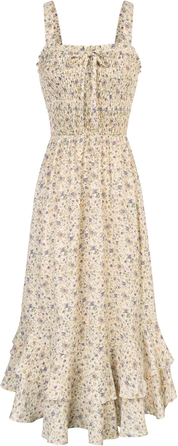 Women's square neck strapped swing A-line floral boho sundress, beach long maxi outfit.
