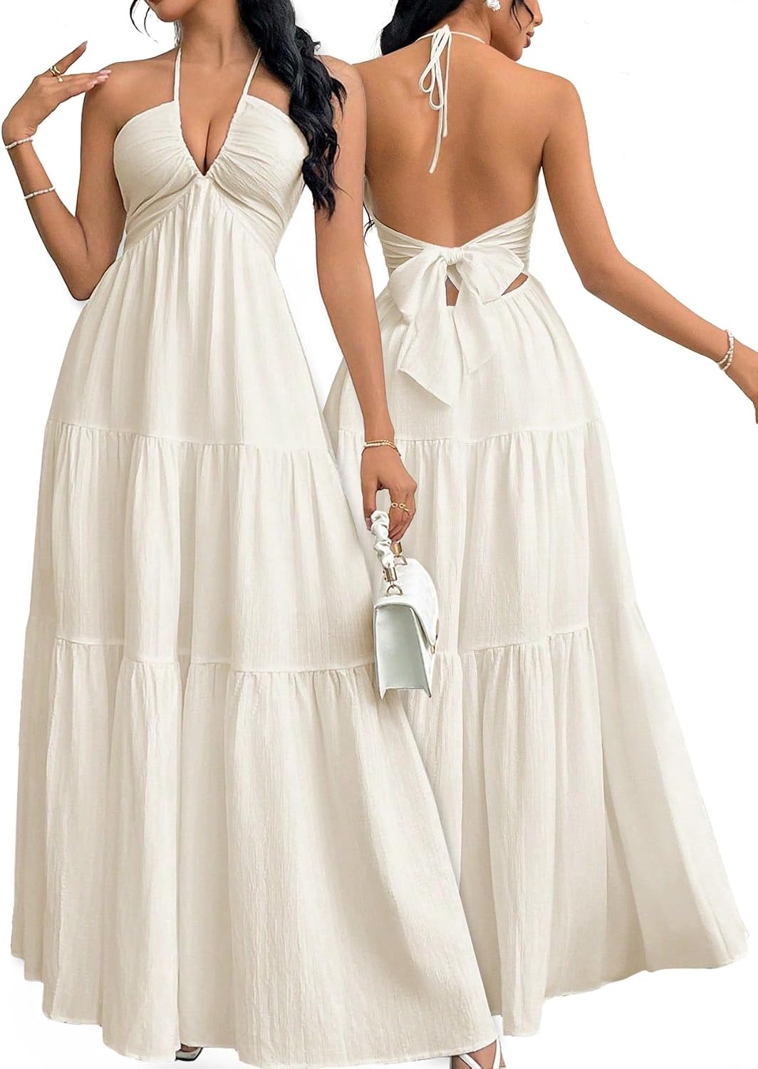 Women's halter V-neck A-line maxi beach dress, casual vacation wear.