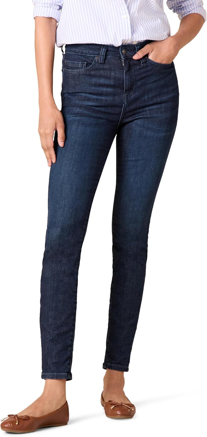 Women's high-rise skinny jeans, dark wash.