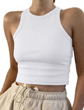 Women's sleeveless high neck rib-knit Y2K crop tank top.