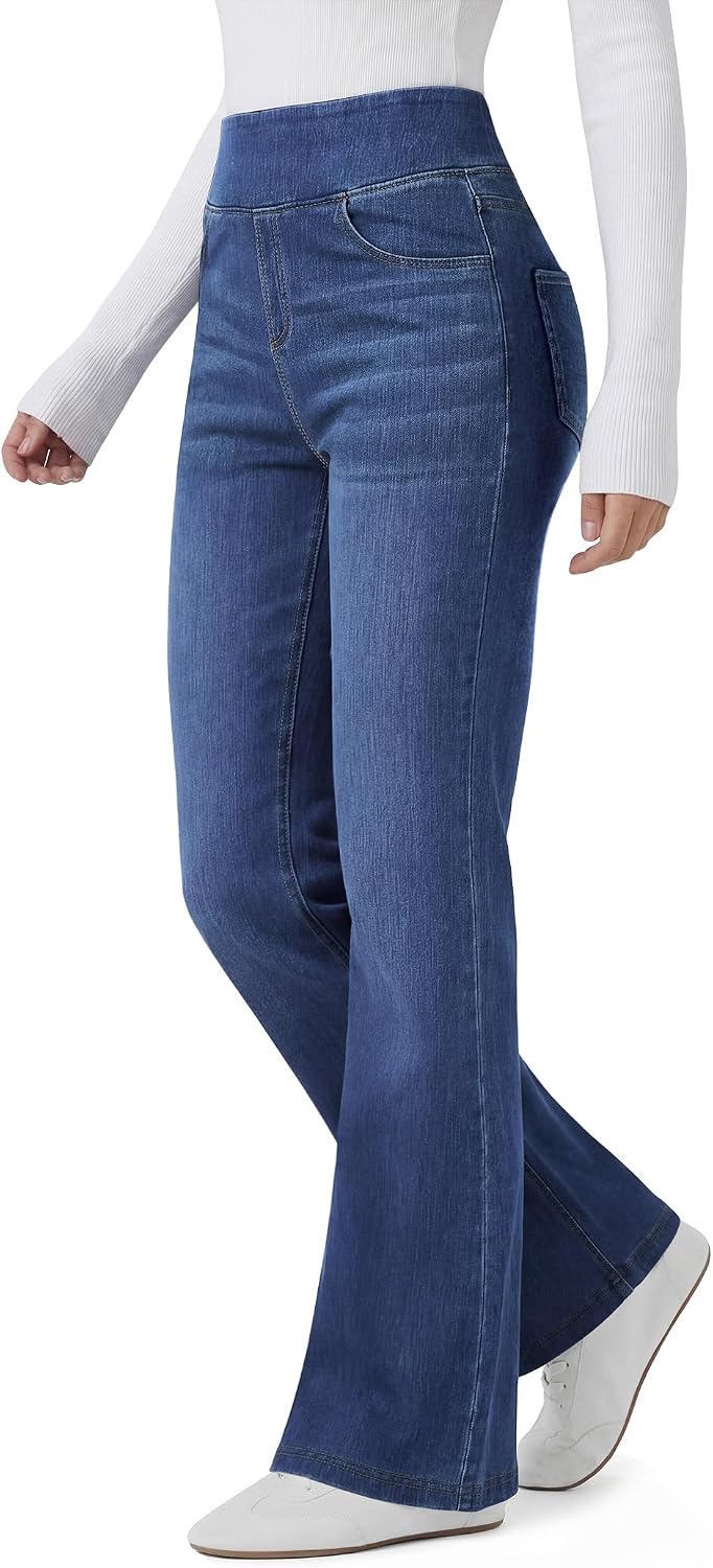 Women's high waisted wide leg bootcut stretch flare jeans, pull on casual loose denim pants.
