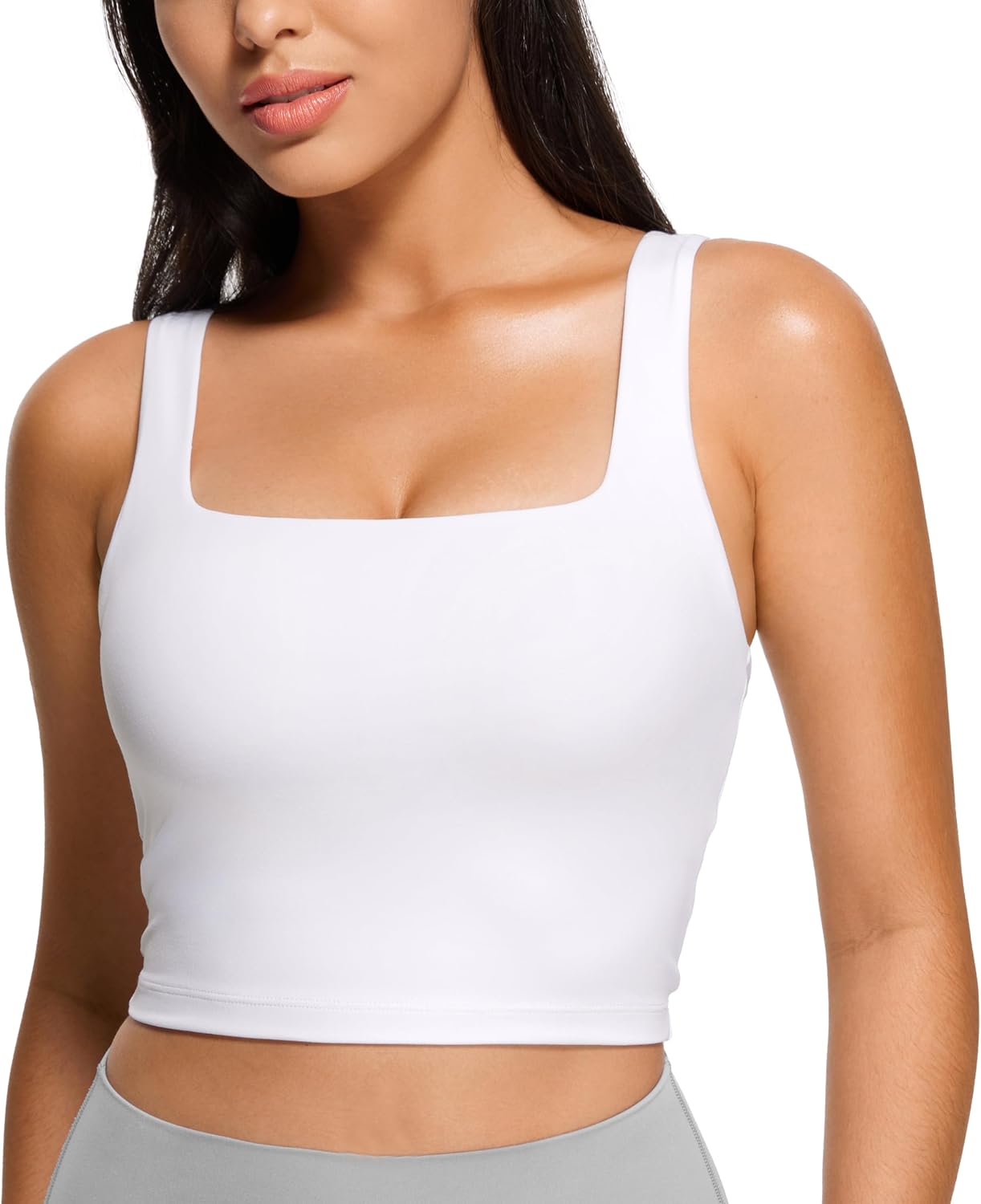 Women's square neck crop tank top, workout longline sports bra with padding.