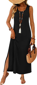 Women's sleeveless boho sundress with pockets, beach vacation maxi dress.