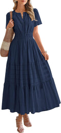 Women's short sleeve V-neck elastic waist boho beach midi maxi dress with pockets.