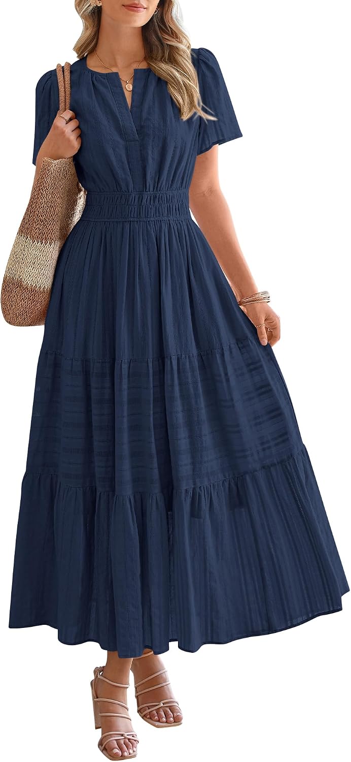 Women's short sleeve V-neck elastic waist boho beach midi maxi dress with pockets.