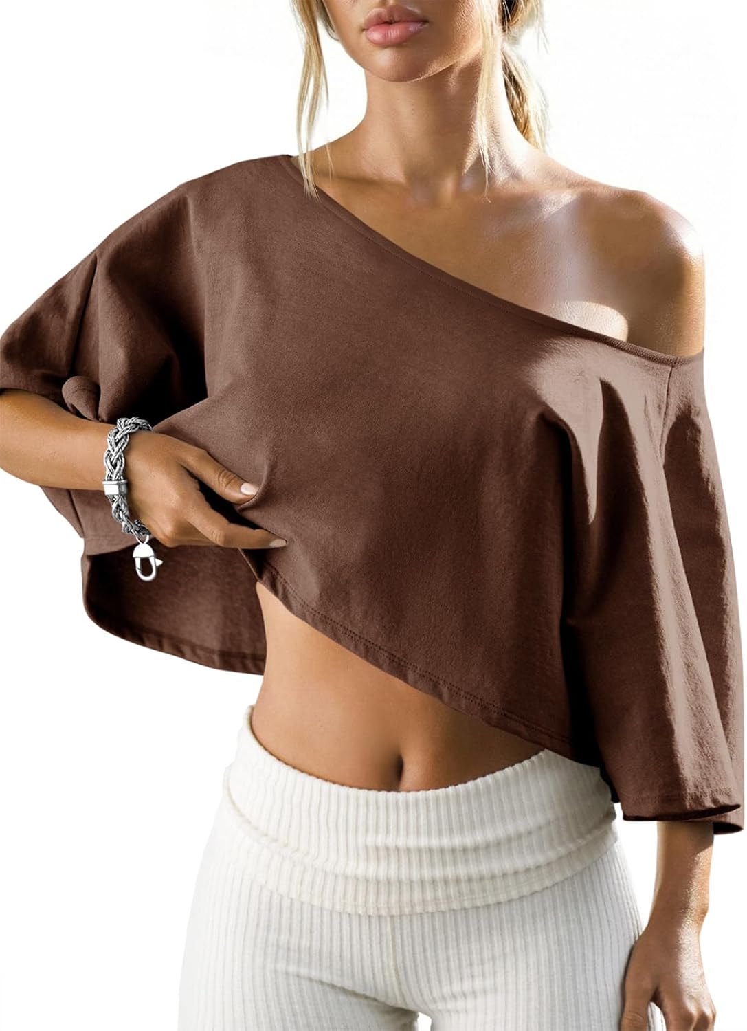 Women's off the shoulder batwing short sleeve crop top, asymmetrical neck summer casual t-shirt.