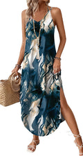 Women's halter boho sundress, beach vacation travel outfit.
