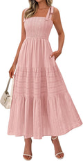 Women's sleeveless smocked A-line beach sundress, spring boho long maxi dress.