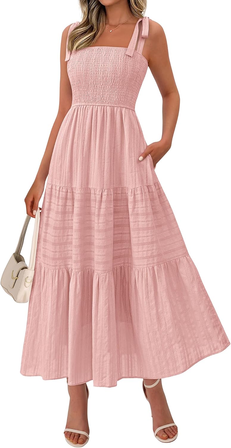 Women's sleeveless smocked A-line beach sundress, spring boho long maxi dress.