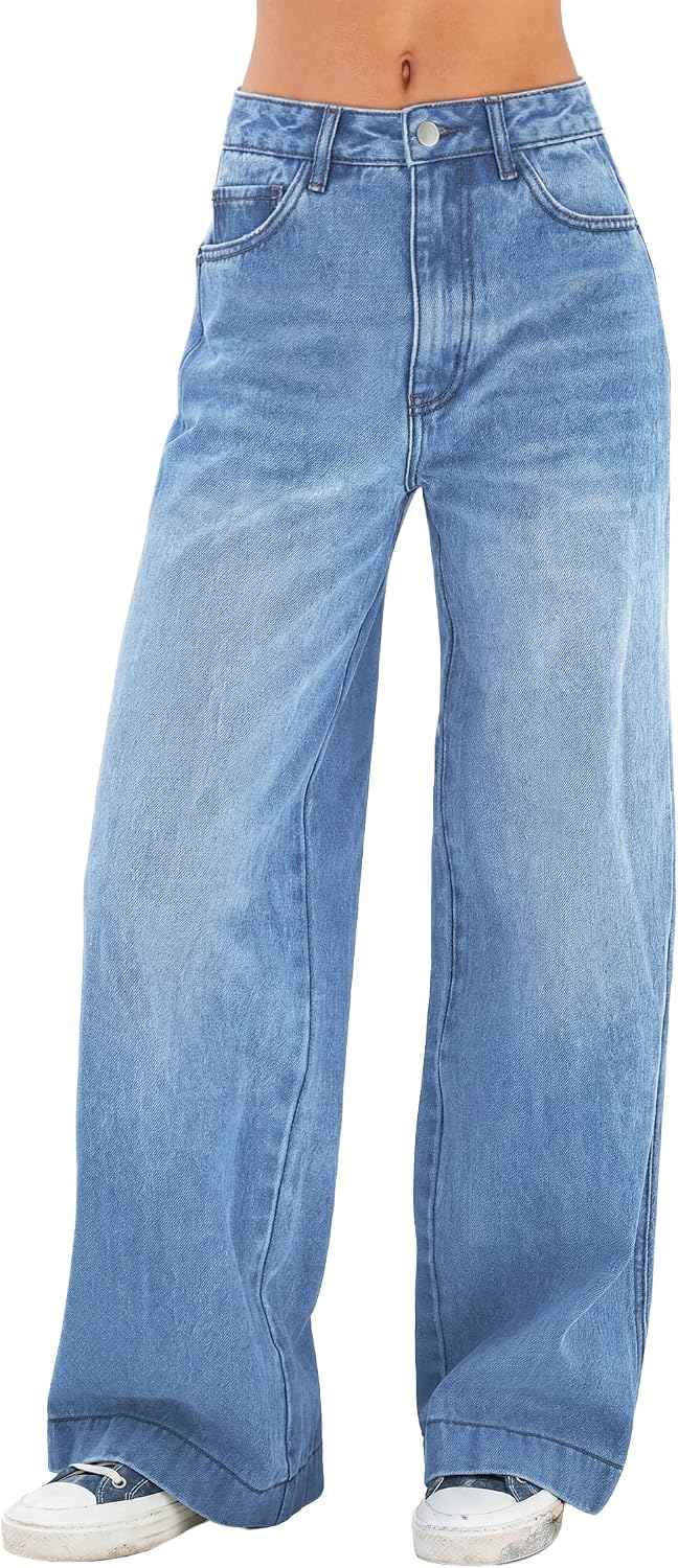 Women's high waist stretchy distressed wide leg Y2K denim pants.