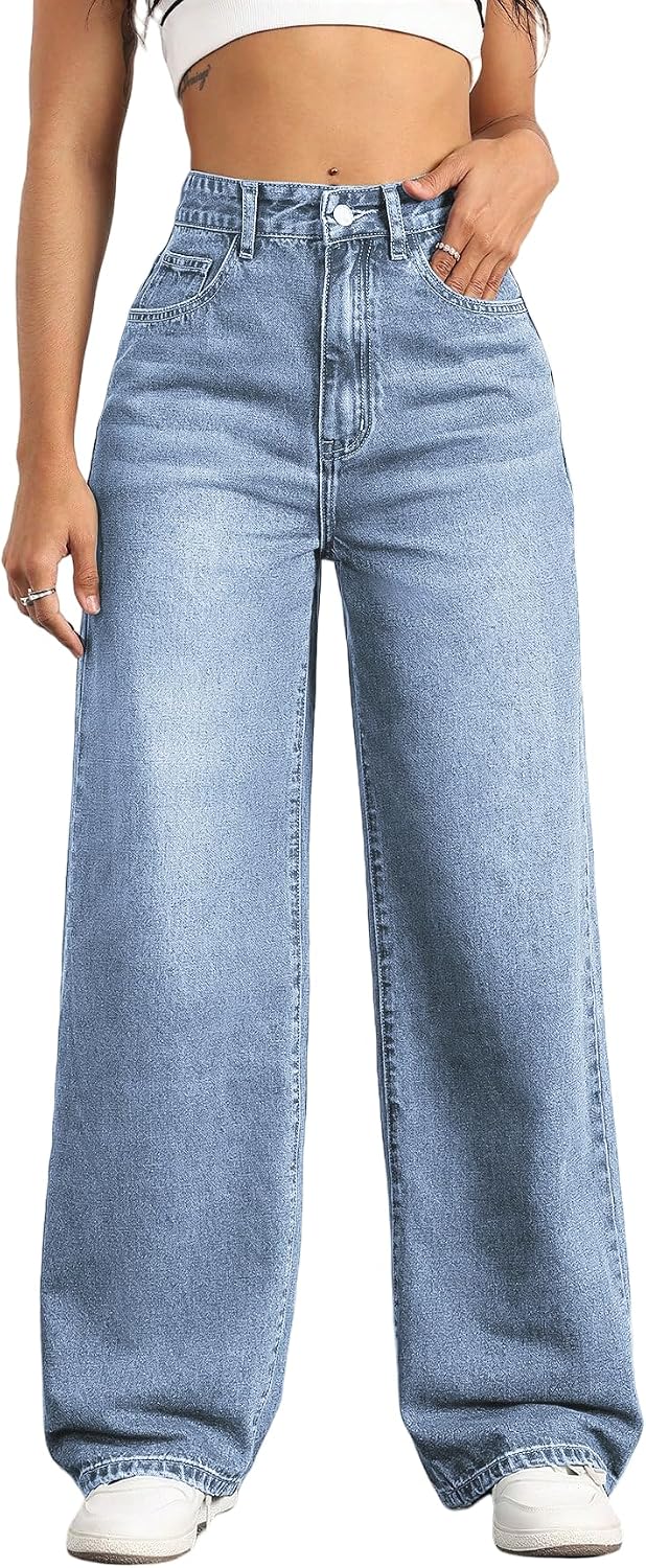 Women's high waisted wide leg loose stretchy boyfriend baggy jeans.