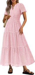 Women's short sleeve V-neck hollow out eyelet A-line long flowy beach vacation maxi dress.
