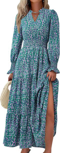 Women's floral long sleeve V-neck A-line long flowy spring party boho maxi dress.
